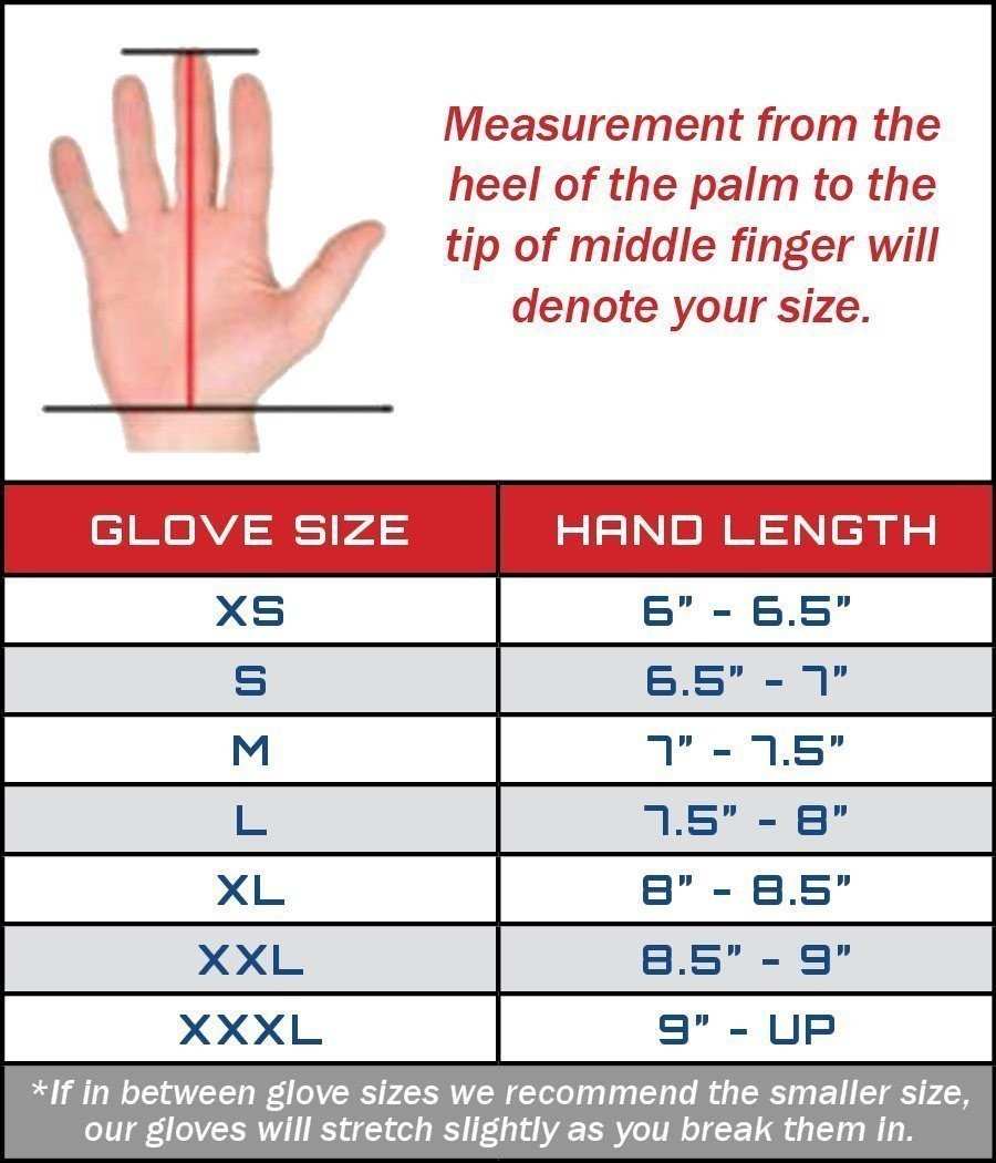 Guardian Gloves Pro size chart showing glove size to hand length measurements from XS to XXXL.