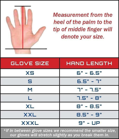 Guardian Gloves Pro size chart showing glove size to hand length measurements from XS to XXXL.