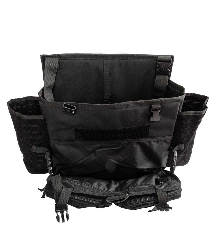 Tactical back seat gear organizer, Harlej Bag with multiple pockets and durable design for vehicle use.