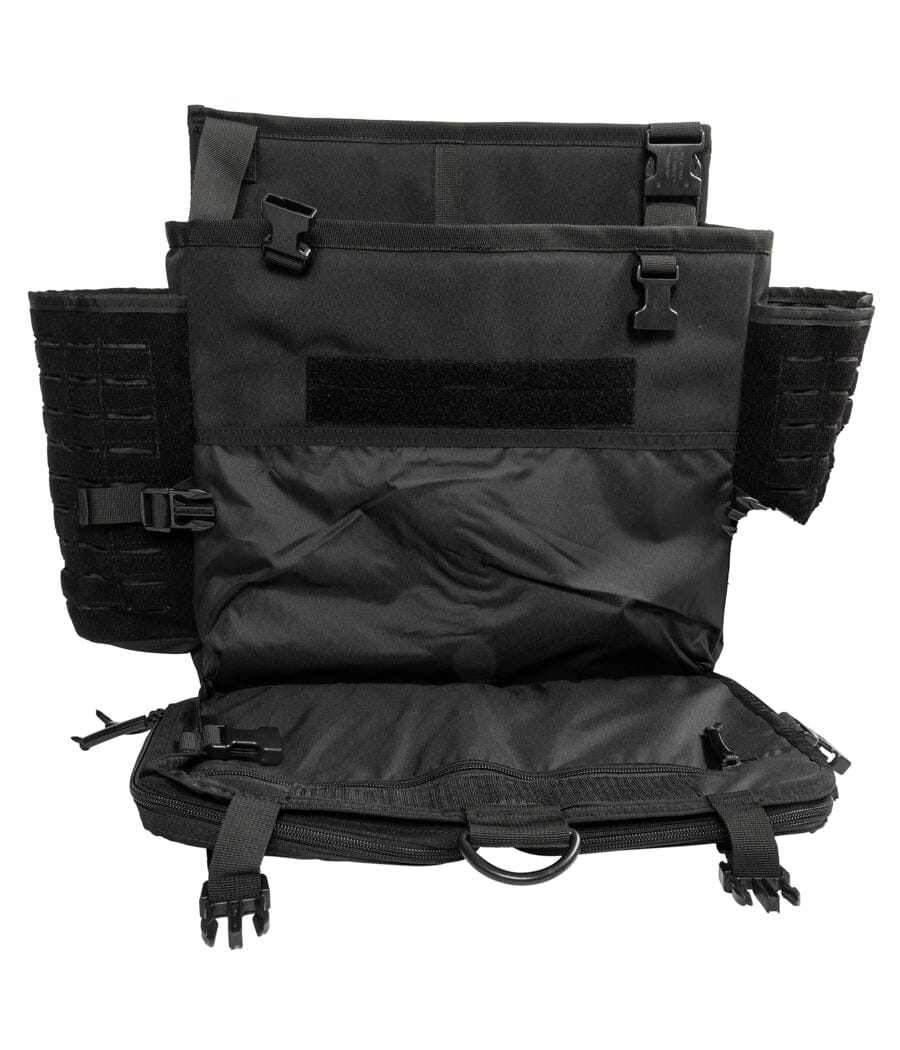 Harlej Bag - Tactical vehicle seat organizer, 18x16x6", black, heavy-duty 1200 Denier construction with molle webbing and multiple compartments.