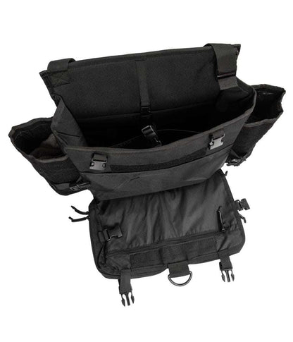 Harlej Bag with tactical design, open compartments, black color, heavy-duty construction.