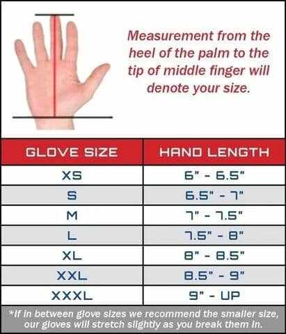 Glove size chart for Hero Gloves 3.0, from XS to XXXL, based on hand length measurements from heel to middle finger tip.