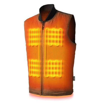 Ibex Men's Heated Workwear Vest with heat zones, durable and warm, ideal for job sites.