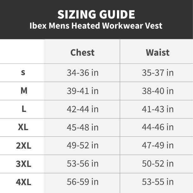 Sizing guide for Ibex Mens Heated Workwear Vest showing chest and waist measurements for sizes S to 4XL.