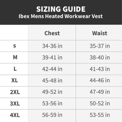 Sizing guide for Ibex Mens Heated Workwear Vest showing chest and waist measurements for sizes S to 4XL.