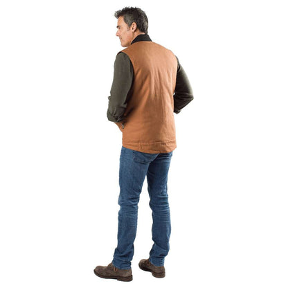 Ibex Mens Heated Workwear Vest in Camel, featuring durable duck cotton, shown from the back.