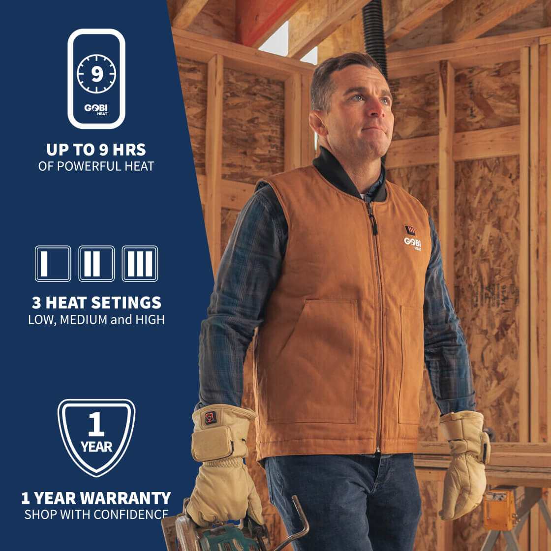 Ibex Mens Heated Workwear Vest in Camel, durable and water-resistant with 9-hour heat and 5 heat zones.