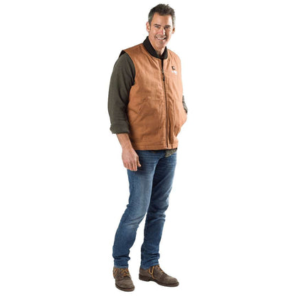 Ibex Mens Heated Workwear Vest in Camel, featuring durable duck cotton and nylon construction with 5 heat zones.