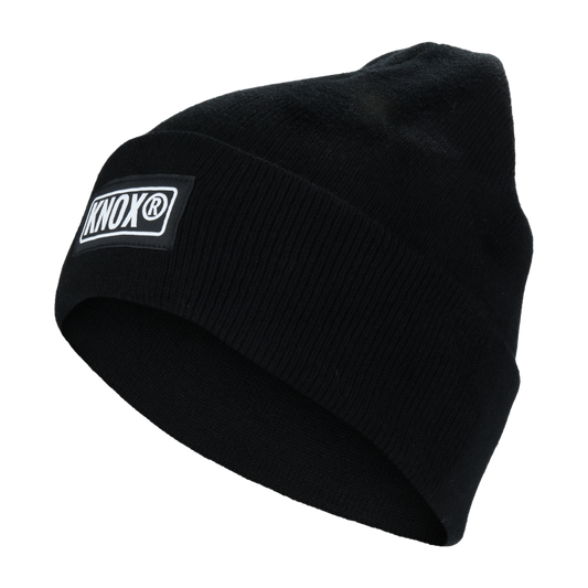 Knox Knit Cuffed Black Beanie, acrylic rib-knit, stretchable, Knox label.