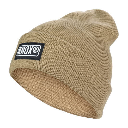 Knox Knit Cuffed Tan Beanie, acrylic fabric, stretchable, Knox label.