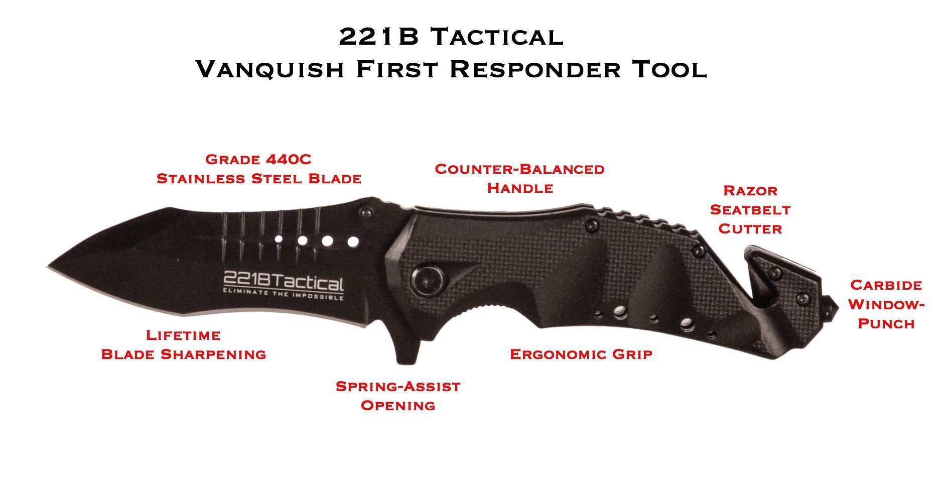 Vanquish First Responder Tool with stainless steel blade, ergonomic grip, and carbide window-punch.