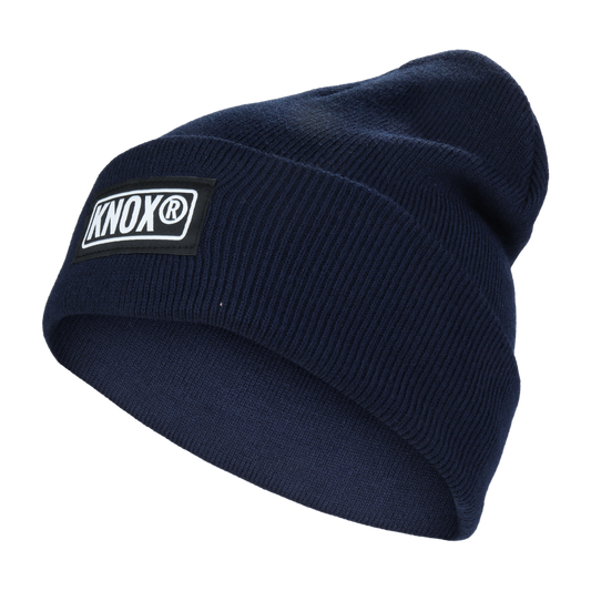 Knox Knit Cuffed Navy Blue Beanie with logo on front, stretchable acrylic fabric.