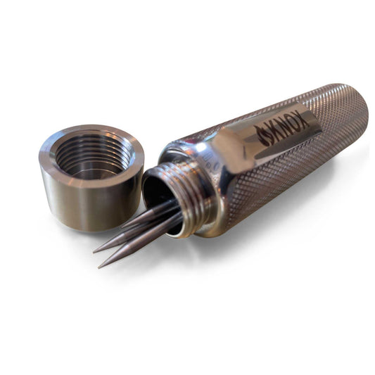 Knox SS Tungsten Electrode Holder, durable CNC machined stainless steel, mirror shine finish, includes pocket clip.