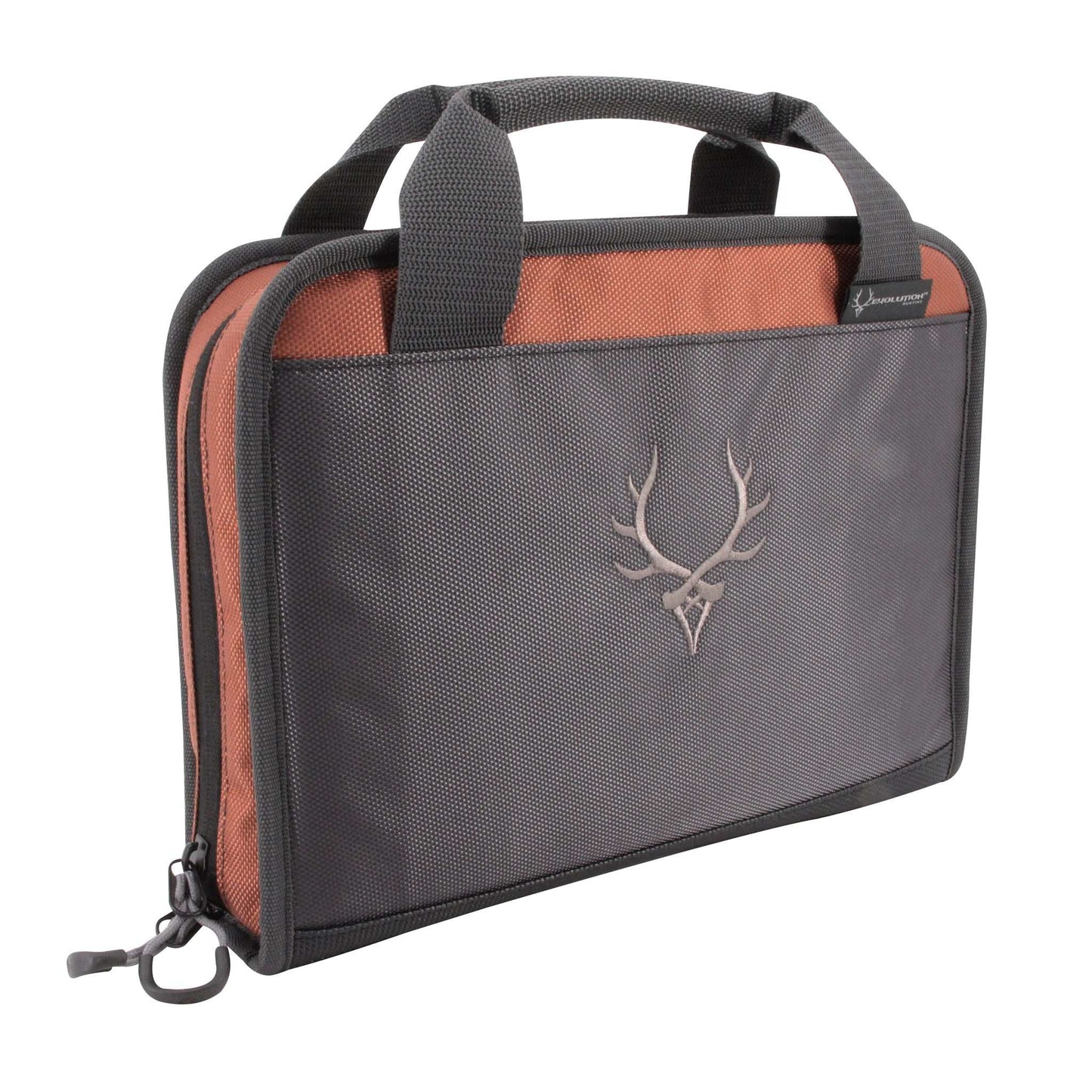 Grey Marksman Pistol Case with embroidered logo, rugged 1680D polyester, and oversized zipper loops.