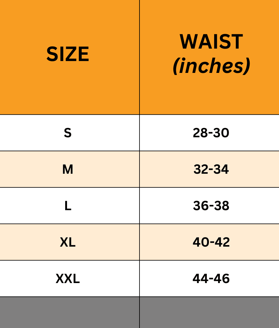 Size chart for Maxx-Dri RFX Boxer Briefs, showing waist measurements in inches: S (28-30), M (32-34), L (36-38), XL (40-42), XXL (44-46).