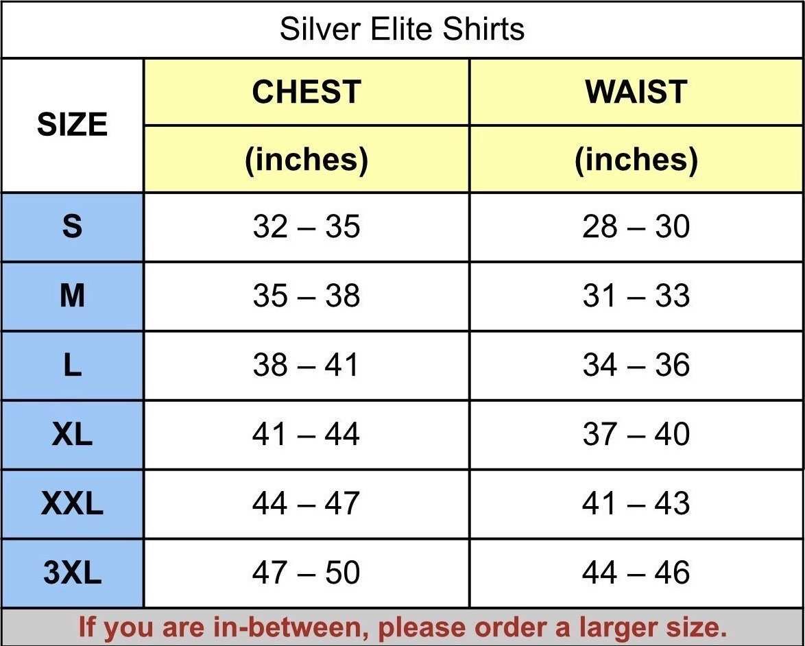 Maxx-Dri Silver Elite Long Sleeve Shirt size chart for chest and waist measurements.