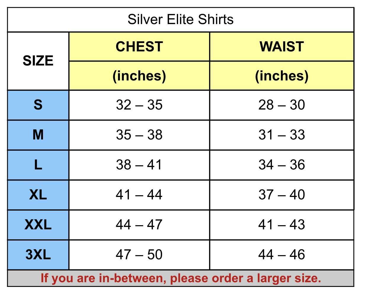 Size chart for Maxx-Dri Silver Elite T-Shirt; chest and waist measurements for sizes S to 3XL.