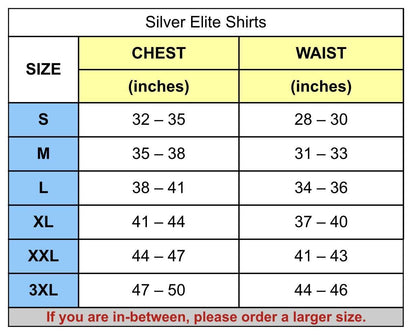 Size chart for Maxx-Dri Silver Elite T-Shirt; chest and waist measurements for sizes S to 3XL.