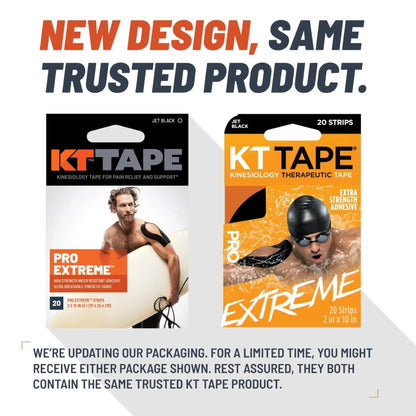 Packaging of KT Tape Pro Extreme® displaying new design, featuring an athlete and swimmer, emphasizing kinesiology therapeutic tape with extra-strength adhesive.