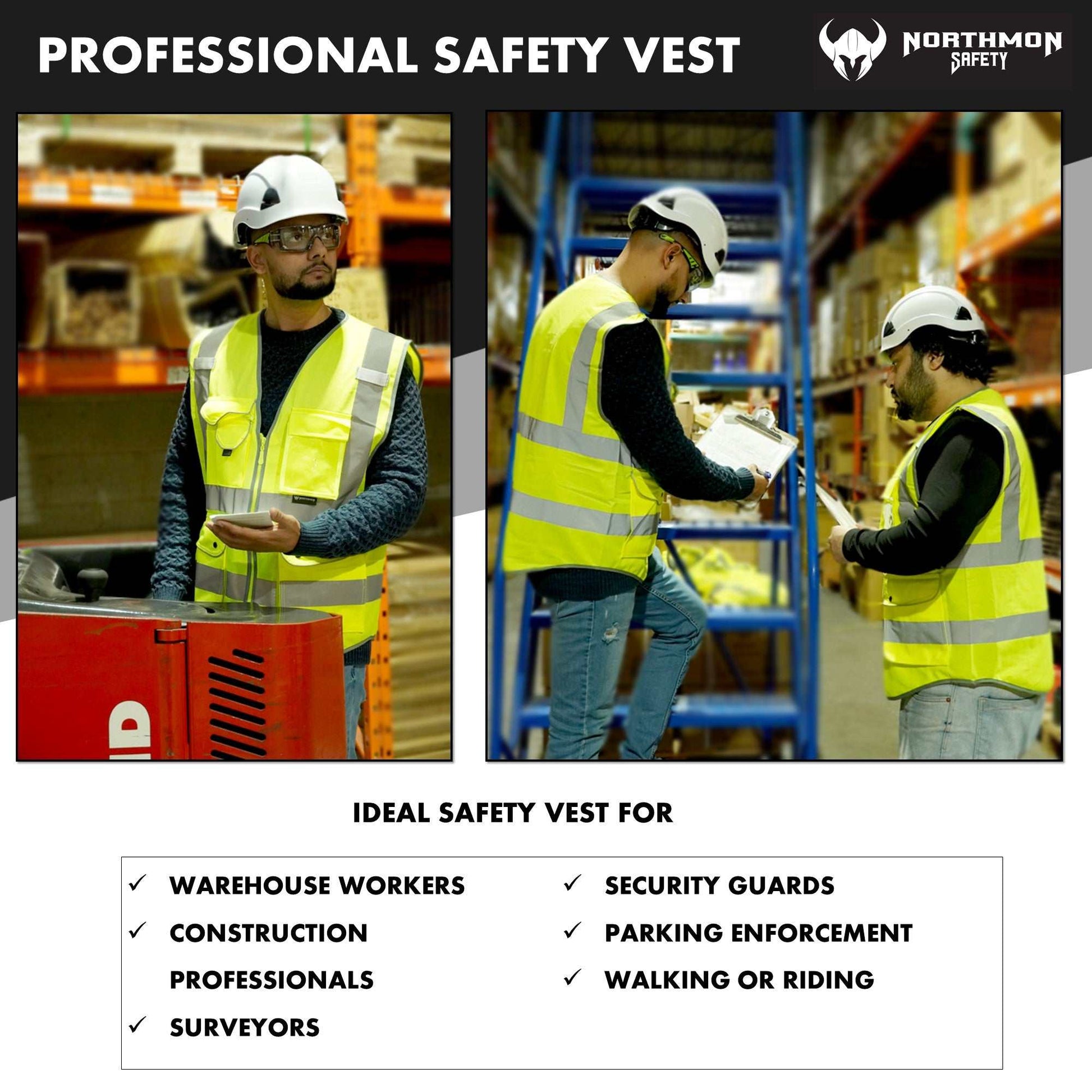 Professional safety vest with 9 pockets, ANSI Class 2, ideal for construction, security, and surveyors.