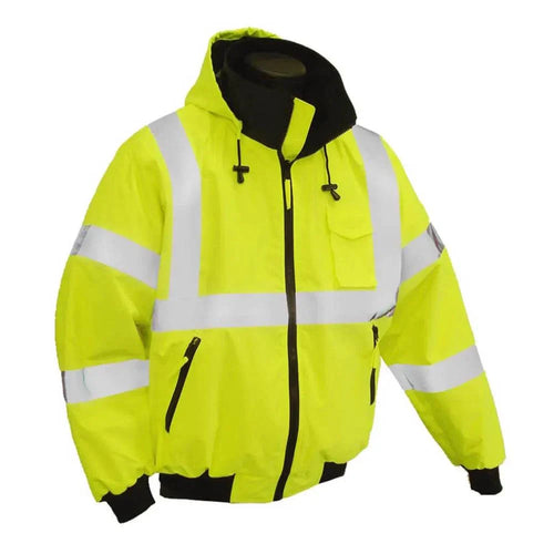 Hi Vis waterproof winter bomber jacket, ANSI Class 3, safety yellow with reflective striping and utility pockets.