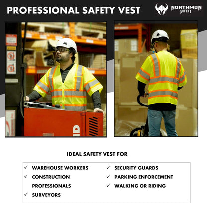 High Visibility Safety Vest Short Sleeve Mesh ANSI Class 3 with reflective tape and multiple pockets for construction and road work.