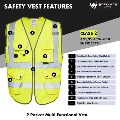 Hi Vis Surveyor Safety Vest with 9 Pockets, ANSI Class 2, Reflective Strips, Yellow, Zipper Closure, NORTHMON SAFETY.