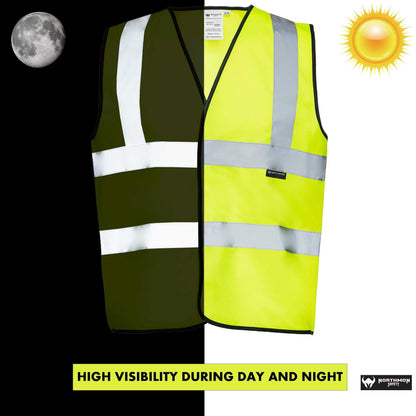 Two band high visibility solid safety vest, yellow with reflective strips, ANSI Class 2 compliant, lightweight polyester, high visibility for day and night.