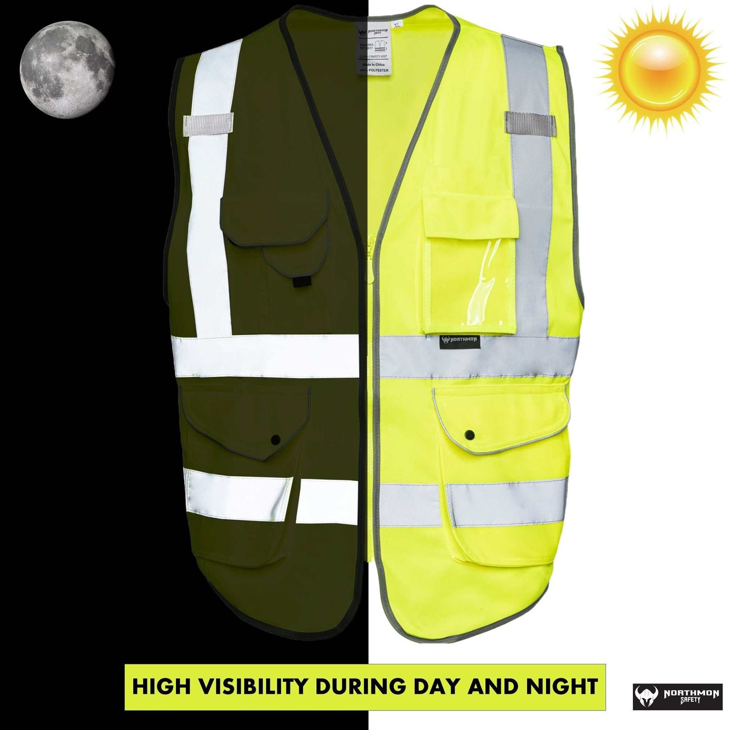 Premium Hi Vis Surveyor Safety Vest with 9 Pockets, ANSI Class 2, reflective strips, bright neon yellow, day and night visibility.