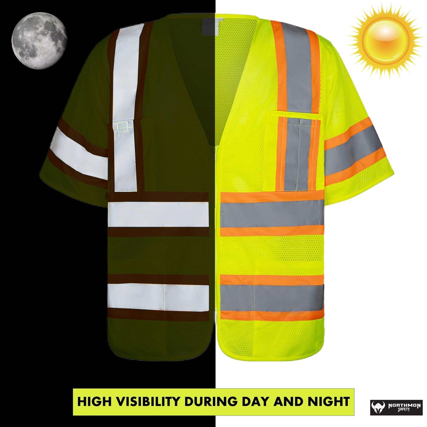 High visibility safety vest with short sleeves and reflective tape, showcasing ANSI Class 3 compliance for day and night use.