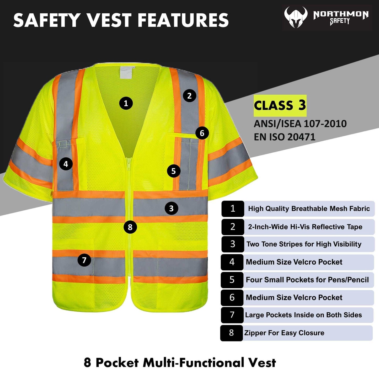 High visibility short sleeve safety vest with pockets, ANSI Class 3, reflective tape, mesh fabric, neon yellow.