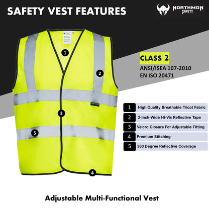 Two Band High Visibility Solid Safety Vest - 101 Series - ANSI Class 2, vibrant yellow with 2-inch reflective strips, adjustable fit.