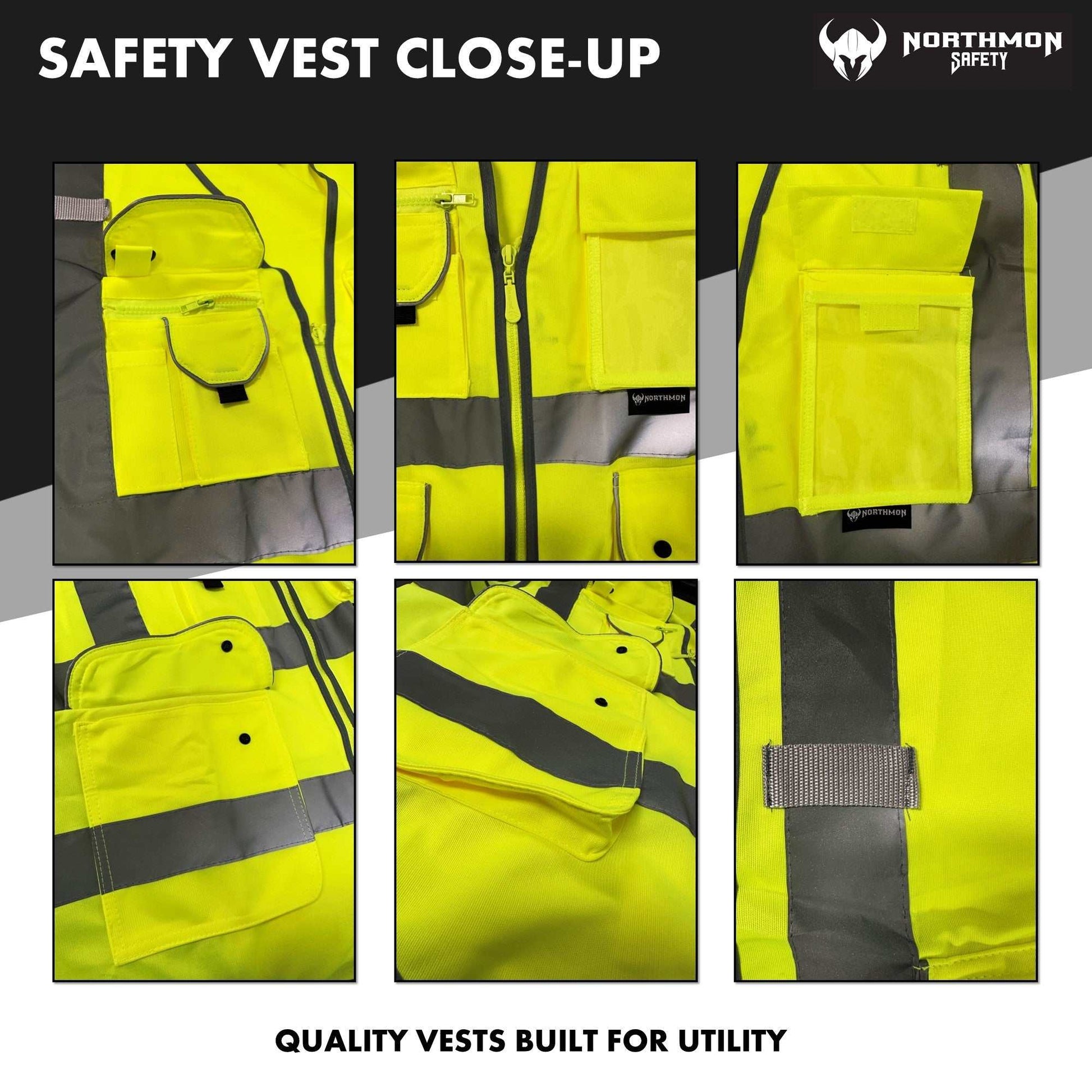 Premium Hi Vis Surveyor Safety Vest with 9 Pockets, ANSI Class 2, neon yellow color, reflective strips, and zipper closure.