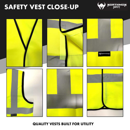 High visibility safety vest close-up with reflective bands and neon yellow fabric, ANSI Class 2 compliant.