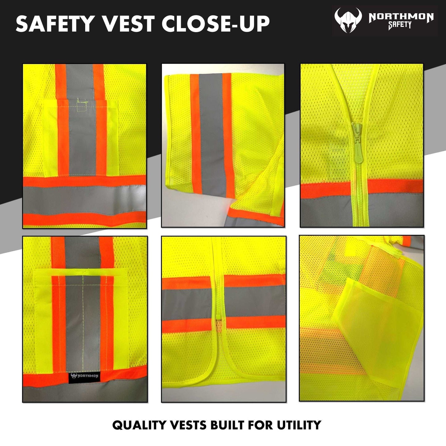 High Visibility Safety Vest with mesh fabric, short sleeves, 7 pockets, and reflective tape for ANSI Class 3 compliance.