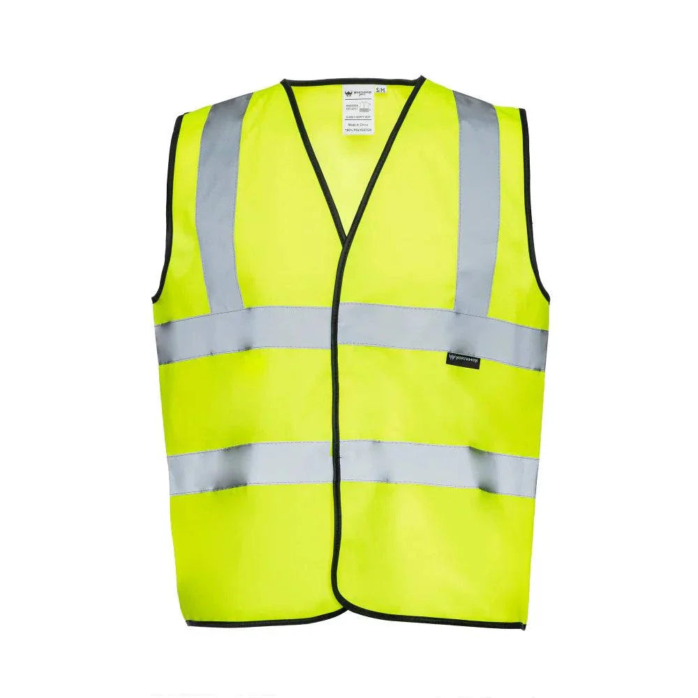 Two band high visibility solid safety vest, ANSI Class 2, neon yellow, reflective strips, lightweight polyester fabric.