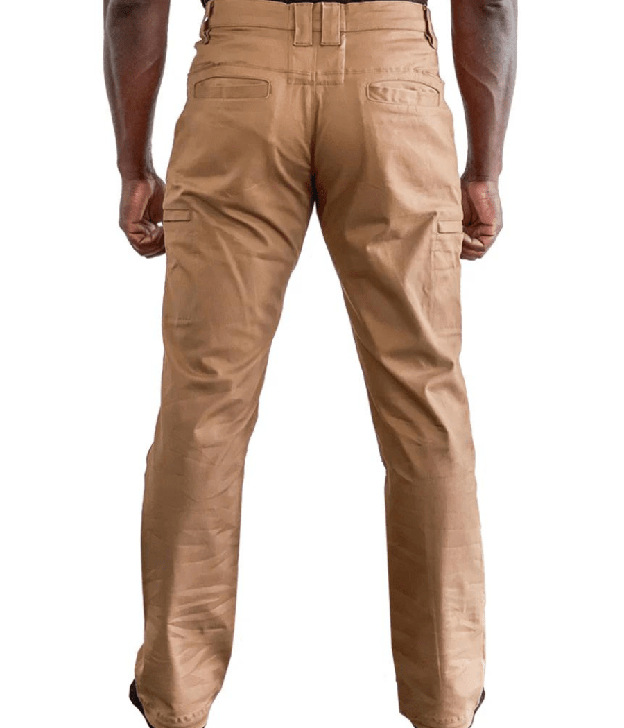 Tan Overwatch Tactical Pants with 12 pockets, infinity-stretch material, rear yoke rifle mag pockets, and 2" belt loops.