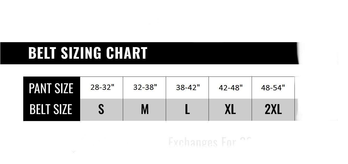 Sizing chart for Paladin Battle Belt, showing belt sizes S to 2XL based on pant sizes.