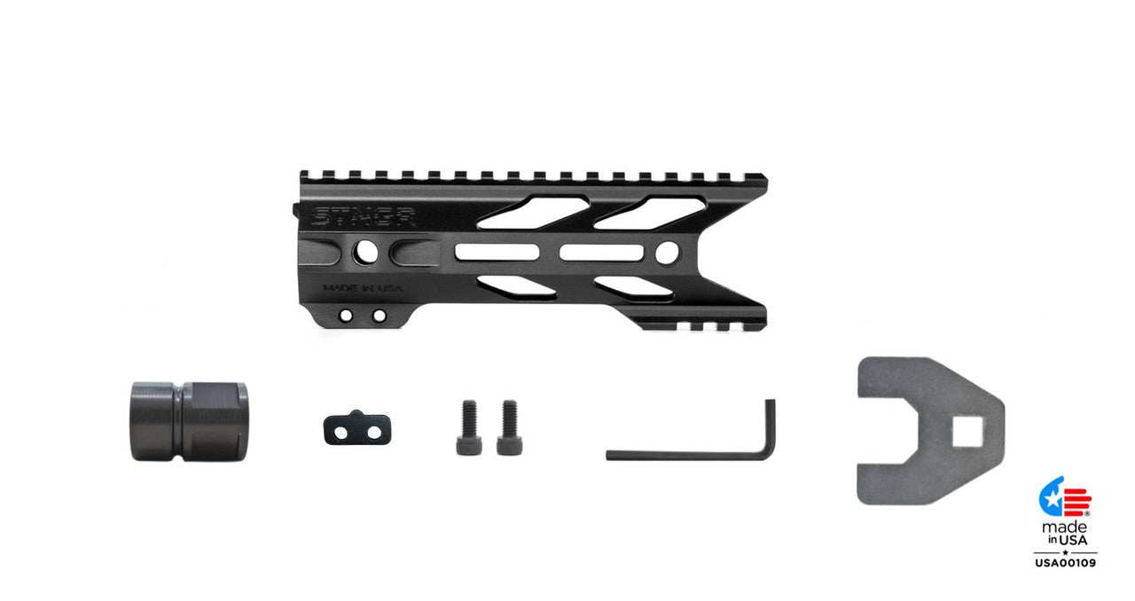 STNGR HWK® M-LOK AR-15 Handguard with components, lightweight design, made in USA.