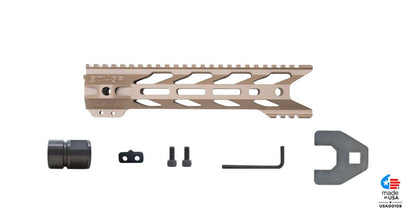 STNGR HWK® M-LOK Free Float AR-15 Handguard with accessories, shown in light brown finish, made in USA.