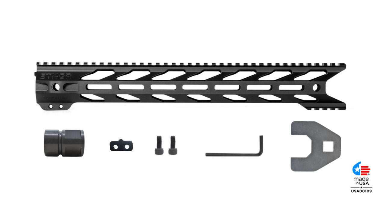 STNGR HWK® M-LOK AR-15 handguard with accessories including barrel nut, anti-slide plate, bolts, Allen key, and wrench, made in USA.