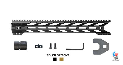 STNGR HWK M-LOK AR-15 Handguard with accessories, color options in black and tan, made in USA.