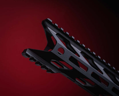 STNGR HWK® M-LOK Free Float AR-15 Handguard on red background.