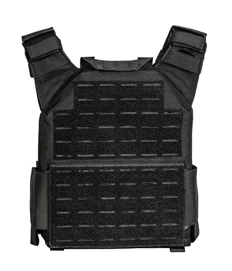 QRF Low Visibility Minimalist Plate Carrier, lightweight black tactical vest with velcro system for body armor.