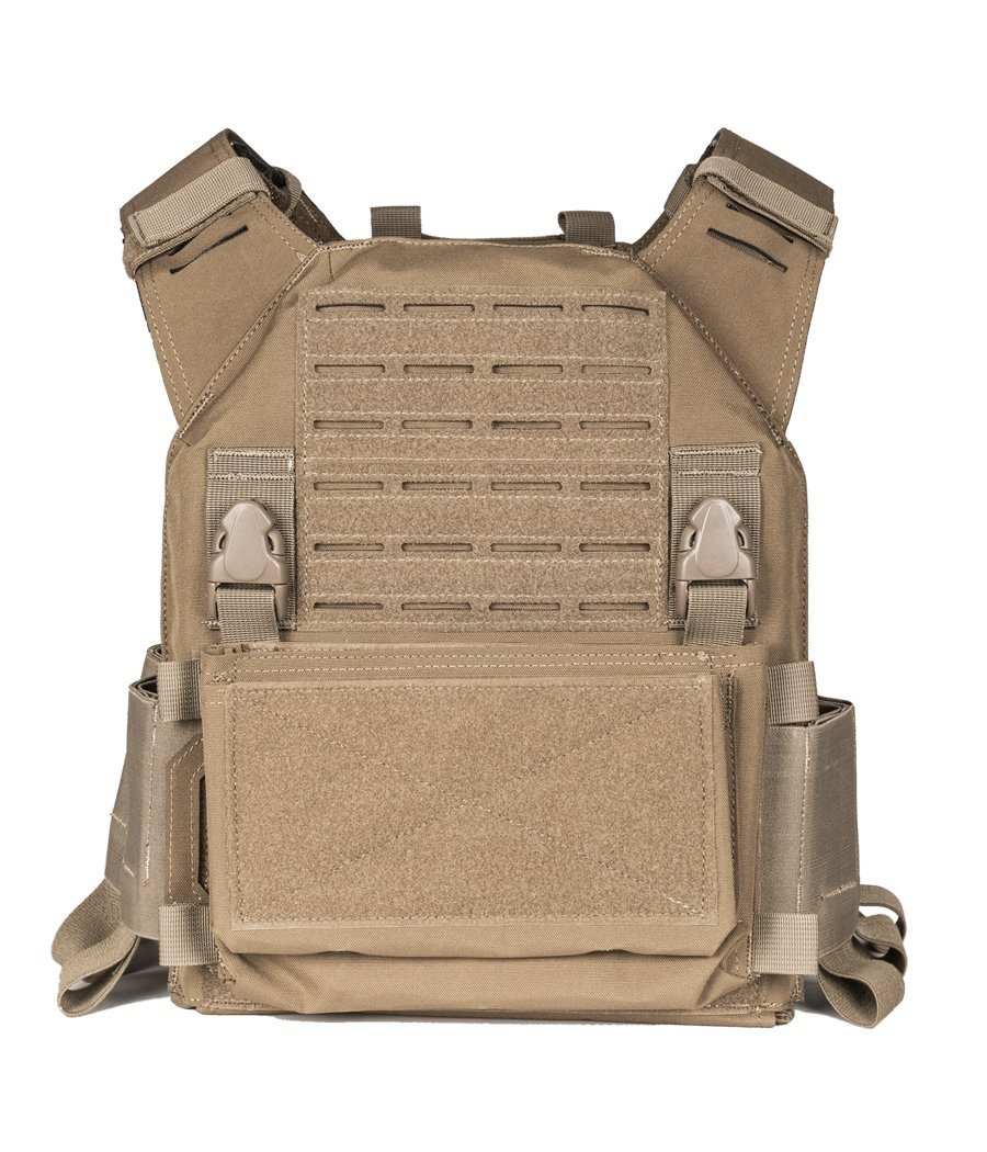 QRF Low Visibility Minimalist Plate Carrier featuring velcro cummerbund and integrated mag pouches.