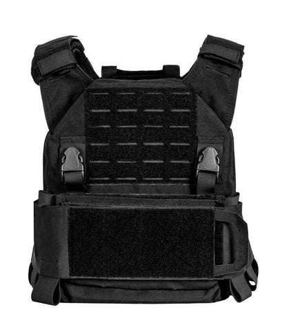 QRF Low Visibility Minimalist Plate Carrier, black tactical vest with integrated pouches and adjustable velcro cummerbund.