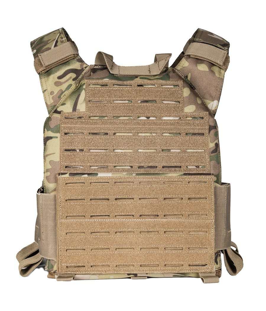 QRF Low Visibility Minimalist Plate Carrier with camouflage design and modular front panel.