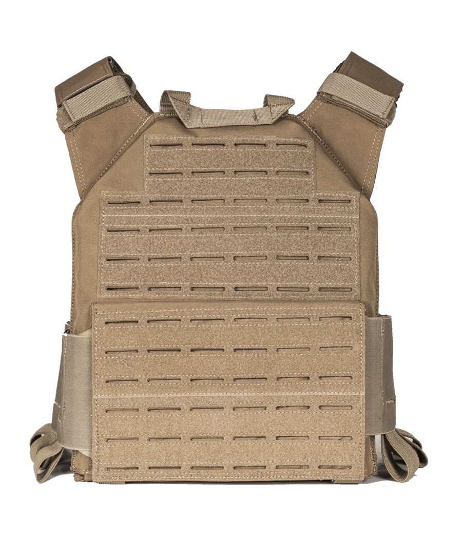 QRF Low Visibility Minimalist Plate Carrier, tactical vest, ultra-lightweight, customizable design, integrated mag pouches, modular front panel, tan color.