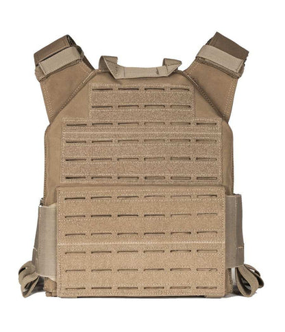 QRF Low Visibility Minimalist Plate Carrier, tactical vest, ultra-lightweight, customizable design, integrated mag pouches, modular front panel, tan color.