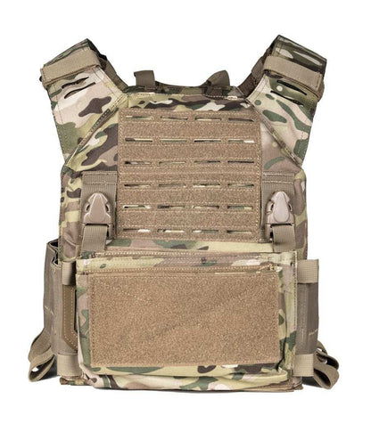 QRF Low Visibility Minimalist Plate Carrier in camouflage pattern with integrated mag pouches and modular design.